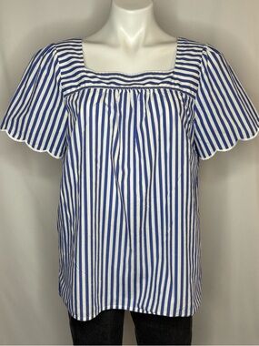 Talbots Blue & White Striped Cotton Blouse with Scolloped Flutter Sleeves, Large
